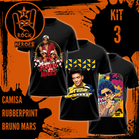 Kit Rubberprint Bruno Mars 3 Camisas Adulto 100% Algodão com Estampa em Alta Definição