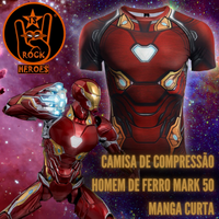 Camisa de Compressão Homem de Ferro Traje Armadura Mark 50 Manga Curta Rashguard Elastano