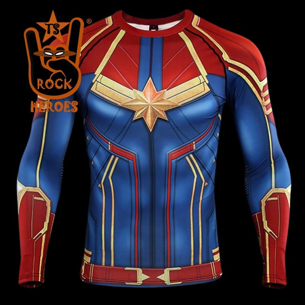 Camisa de Compressão Capitã Marvel Masculina Manga Longa